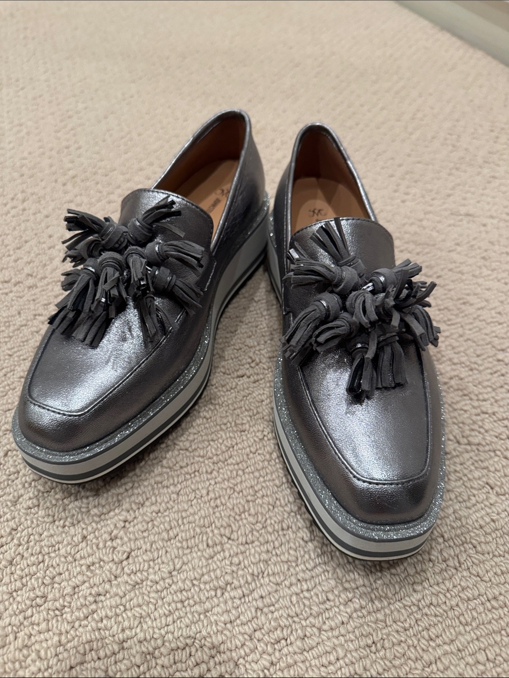 Johnston & Murphy Metallic Gray Tassel Platform Loafers - Women